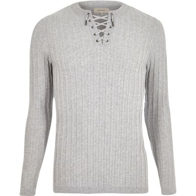 Grey lace-up slim fit top
